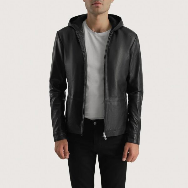 Andy Matte Black Hooded Leather Jacket - Image 3