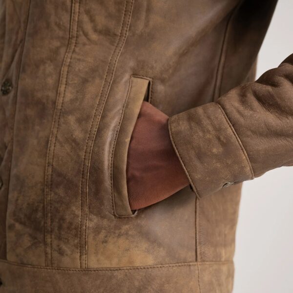 Dallis Distressed Brown Leather Shearling Trucker Jacket - Image 6