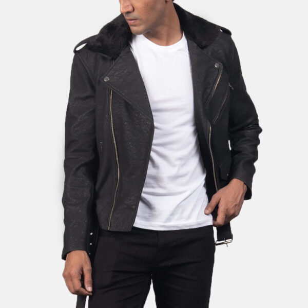 Furton Disressed Black Leather Biker Jacket - Image 4