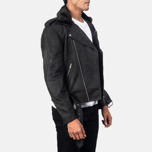 Furton Disressed Black Leather Biker Jacket - Image 2