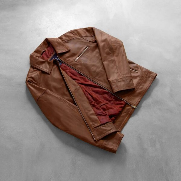 Lavendard Brown Leather Biker Jacket - Image 8