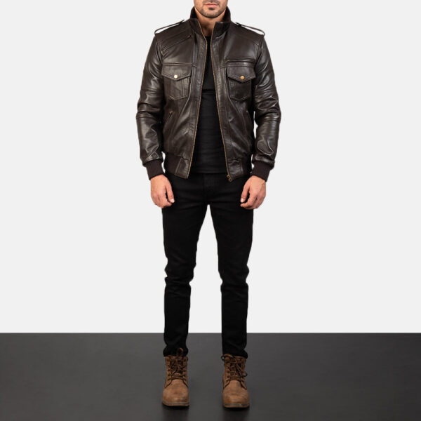 Agent Shadow Brown Leather Bomber Jacket - Image 3