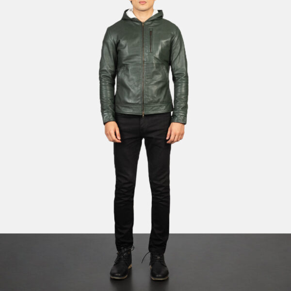 Baston Green Hooded Leather Bomber Jacket - Image 3