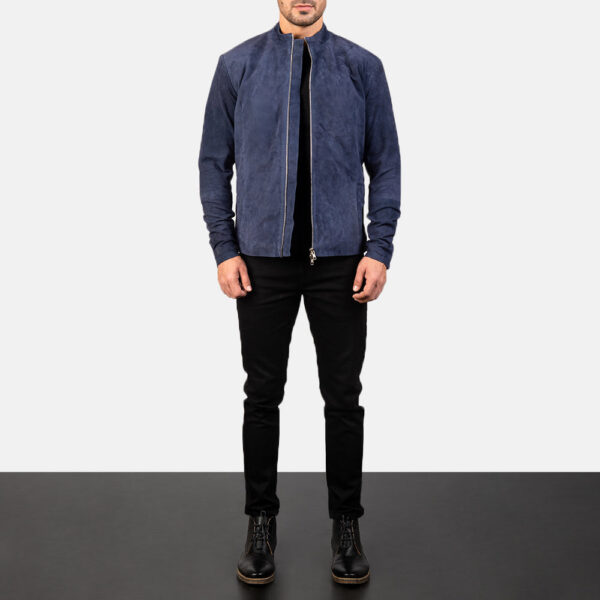 Charcoal Navy Blue Suede Biker Jacket - Image 3
