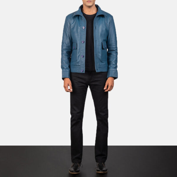 Columbus Blue Leather Bomber Jacket - Image 3