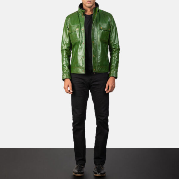 Darren Distressed Green Leather Biker Jacket - Image 4