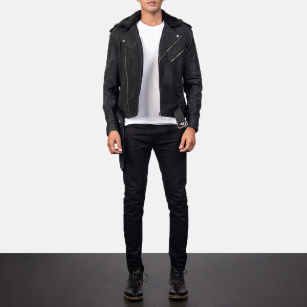 Furton Disressed Black Leather Biker Jacket - Image 3