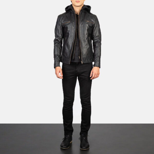 Hector Black Hooded Leather Biker Jacket - Image 3