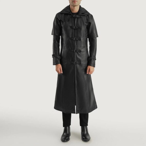 Huntsman Black Hooded Leather Trench Coat - Image 3