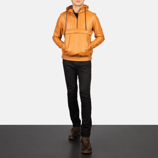 Kenton Hooded Brown Leather Pullover Jacket - Image 3