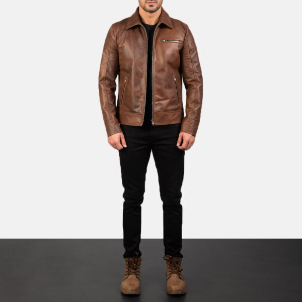 Lavendard Brown Leather Biker Jacket - Image 4