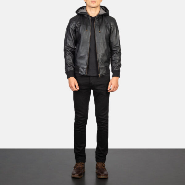 Nintenzo Black Hooded Leather Bomber Jacket - Image 3