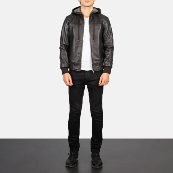 Nintenzo Brown Hooded Leather Bomber Jacket - Image 3