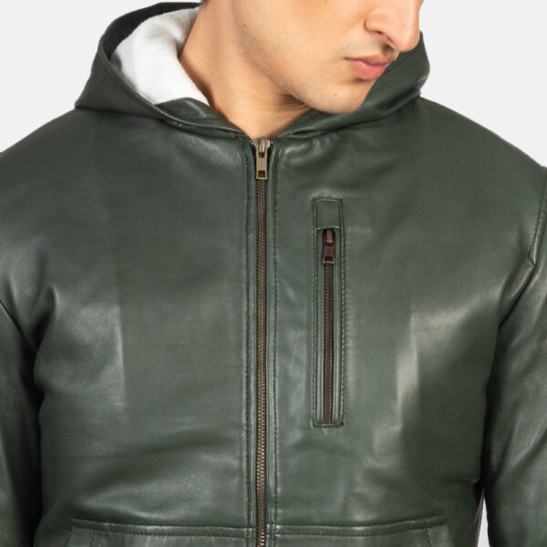 Baston Green Hooded Leather Bomber Jacket - Image 6