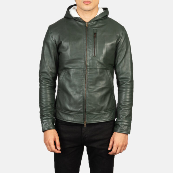 Baston Green Hooded Leather Bomber Jacket - Image 4