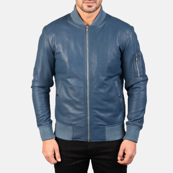 Bomia Ma-1 Blue Leather Bomber Jacket - Image 4