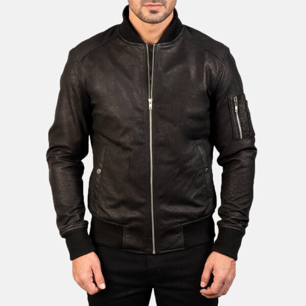 Bomia Ma-1 Distressed Black Leather Bomber Jacket - Image 3