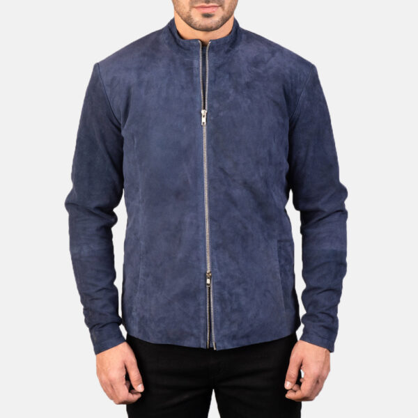 Charcoal Navy Blue Suede Biker Jacket - Image 4
