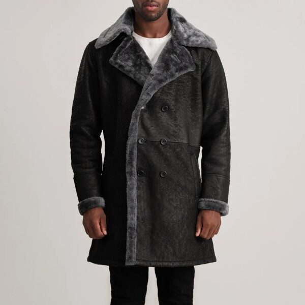 Charles Distressed Black Leather Shearling Double-Breasted Coat - Image 4