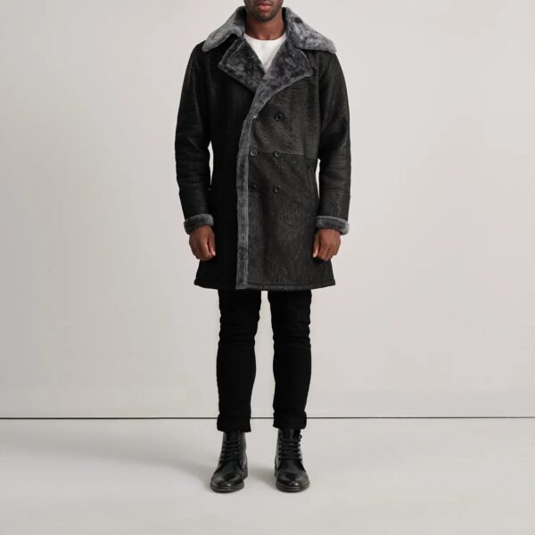 Charles Distressed Black Leather Shearling Double-Breasted Coat - Image 3