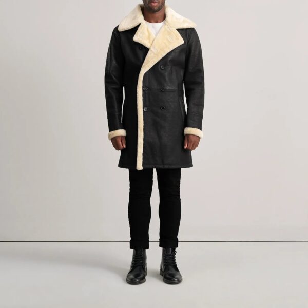 Charles Tumbled Black Leather Shearling Double-Breasted Coat - Image 3