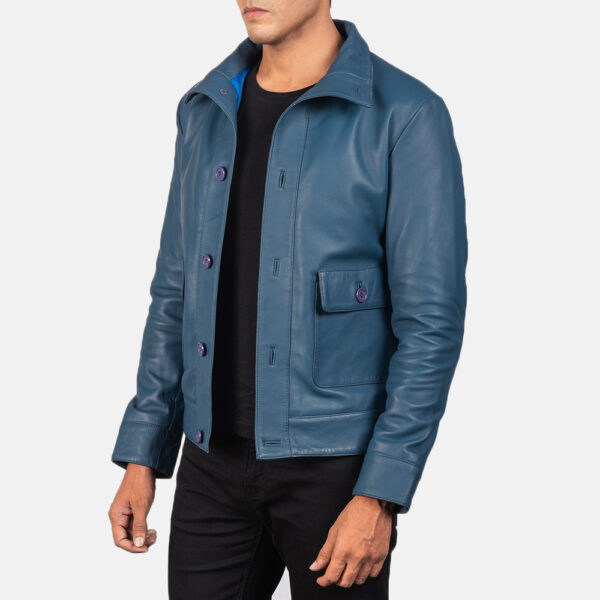 Columbus Blue Leather Bomber Jacket - Image 2