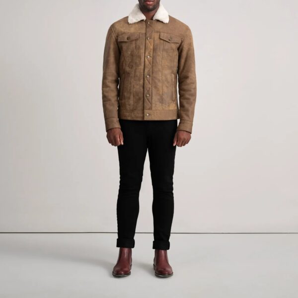 Dallis Distressed Brown Leather Shearling Trucker Jacket - Image 3
