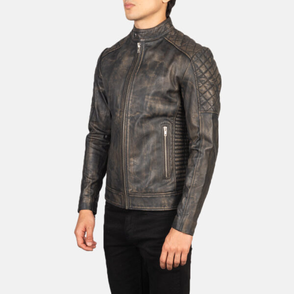 Fernando Quilted Distressed Brown Leather Biker Jacket - Image 2