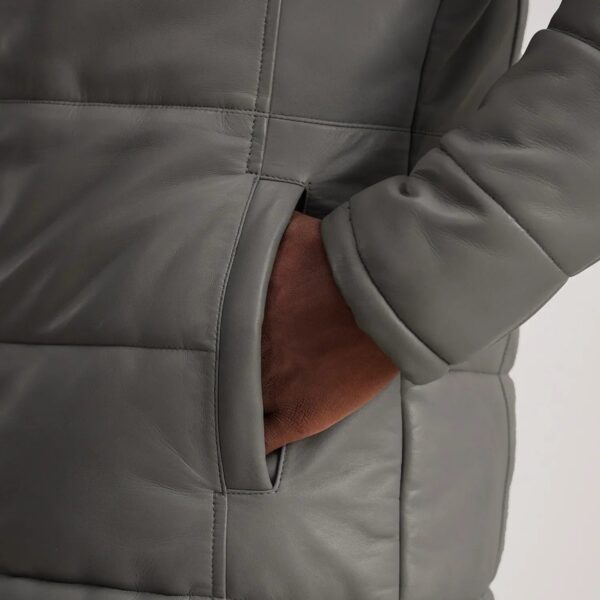 Floyd Grey Hooded Leather Puffer Coat - Image 6
