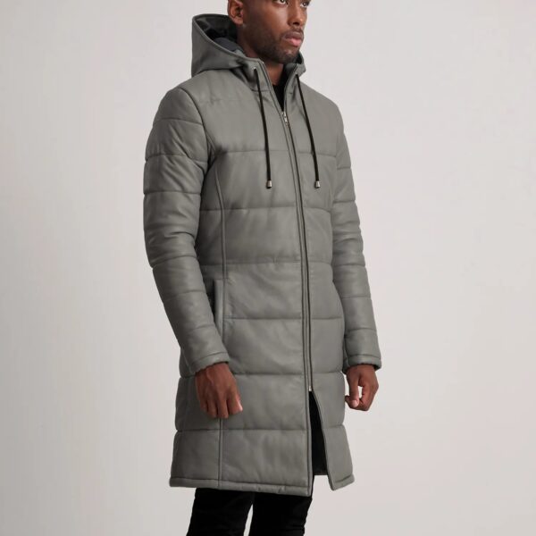 Floyd Grey Hooded Leather Puffer Coat - Image 2