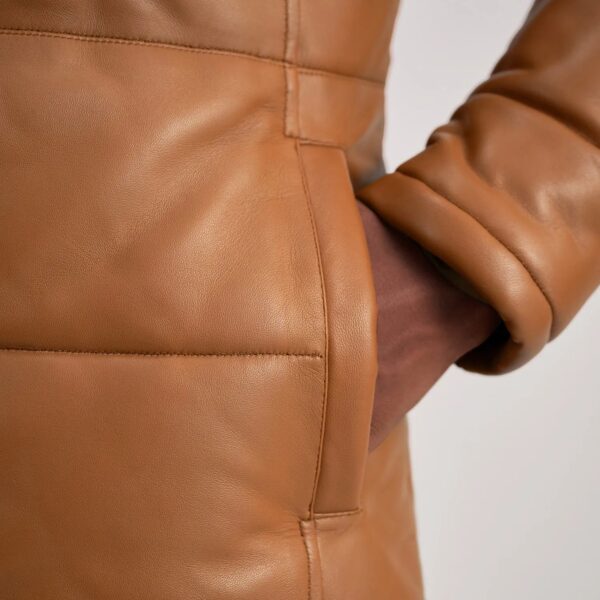 Floyd Tan Hooded Leather Puffer Coat - Image 6