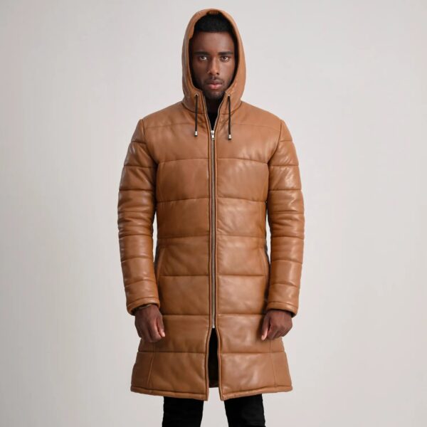 Floyd Tan Hooded Leather Puffer Coat - Image 4