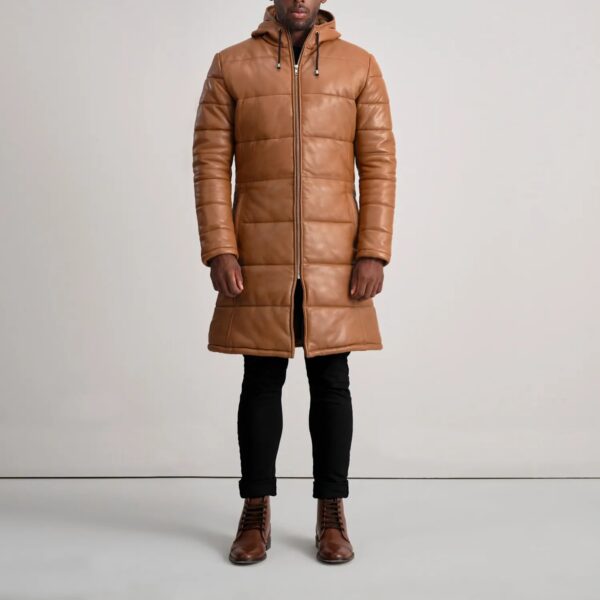 Floyd Tan Hooded Leather Puffer Coat - Image 3