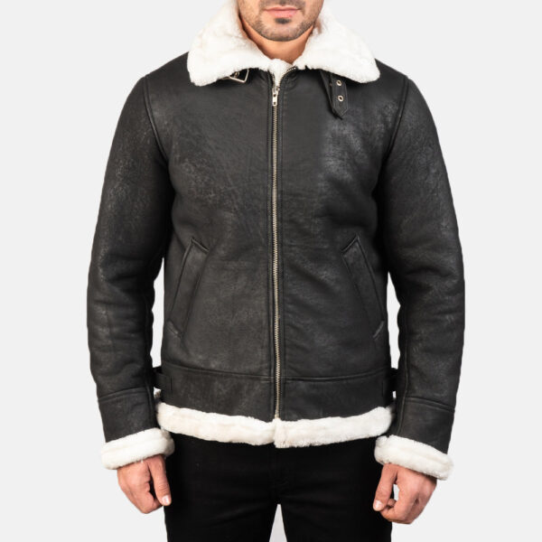Francis B-3 Distressed Black Leather Bomber Jacket - Image 4