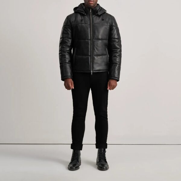 Gordon Black Hooded Leather Puffer Jacket - Image 3