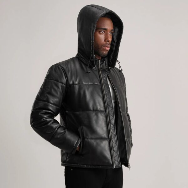 Gordon Black Hooded Leather Puffer Jacket - Image 2