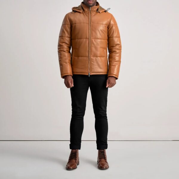 Gordon Tan Hooded Leather Puffer Jacket - Image 3