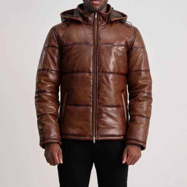 Gordon Waxed Brown Hooded Leather Puffer Jacket - Image 4