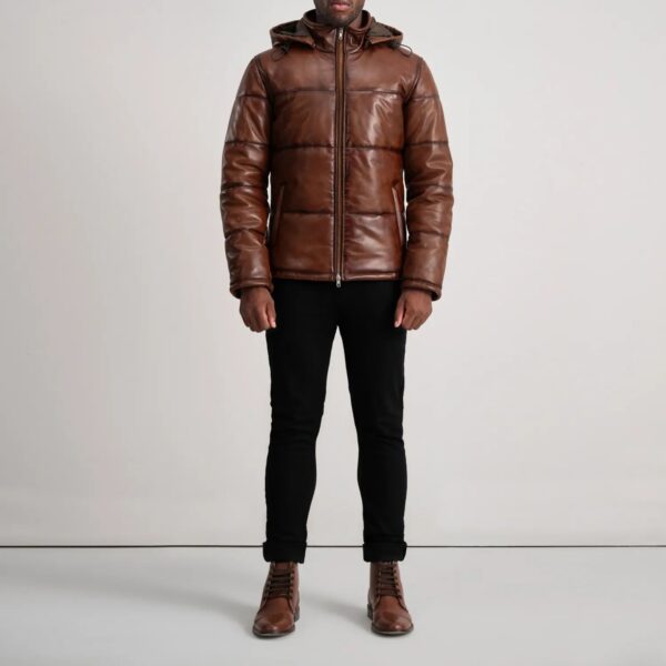 Gordon Waxed Brown Hooded Leather Puffer Jacket - Image 3