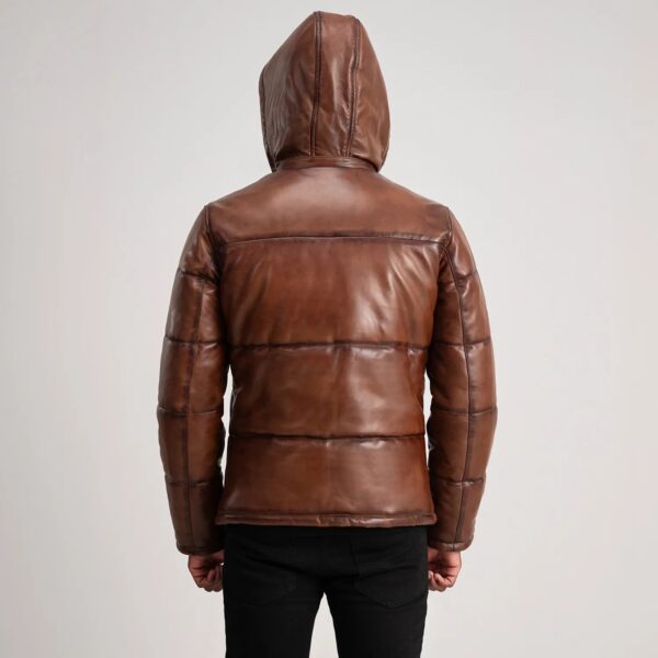 Gordon Waxed Brown Hooded Leather Puffer Jacket - Image 5