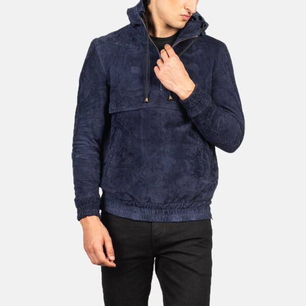 Kenton Hooded Blue Suede Pullover Jacket - Image 4