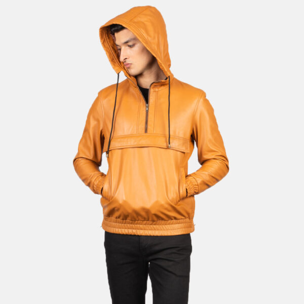 Kenton Hooded Brown Leather Pullover Jacket - Image 4