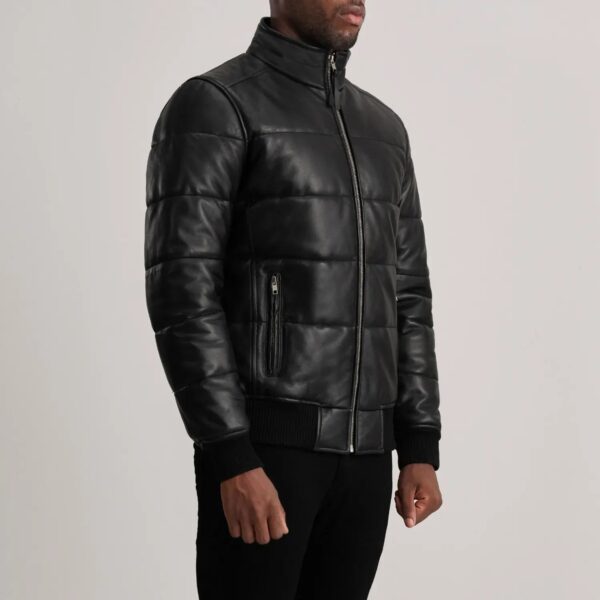 Lucas Black Leather Puffer Bomber Jacket - Image 2