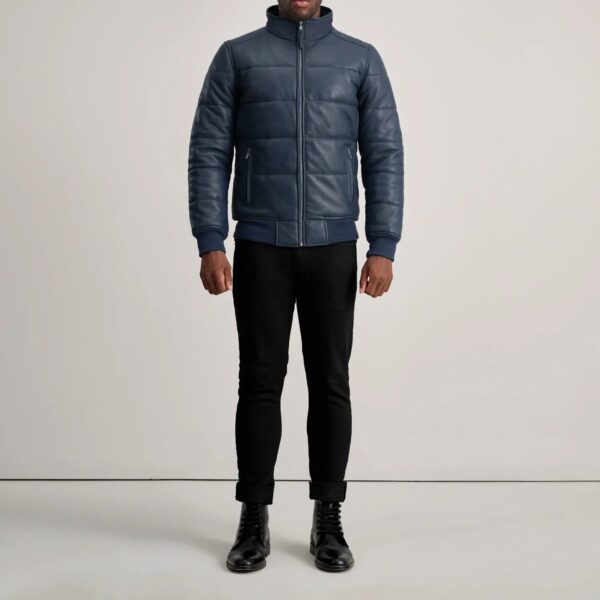 Lucas Blue Leather Puffer Bomber Jacket - Image 3