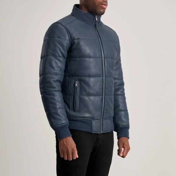 Lucas Blue Leather Puffer Bomber Jacket - Image 2