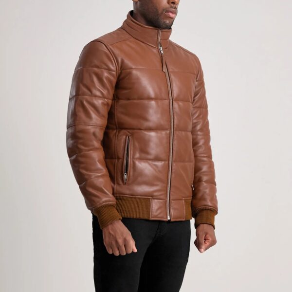 Lucas Brown Leather Puffer Bomber Jacket - Image 2