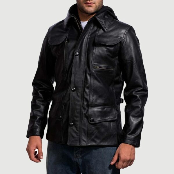 Moulder Hooded Black Leather Jacket - Image 5
