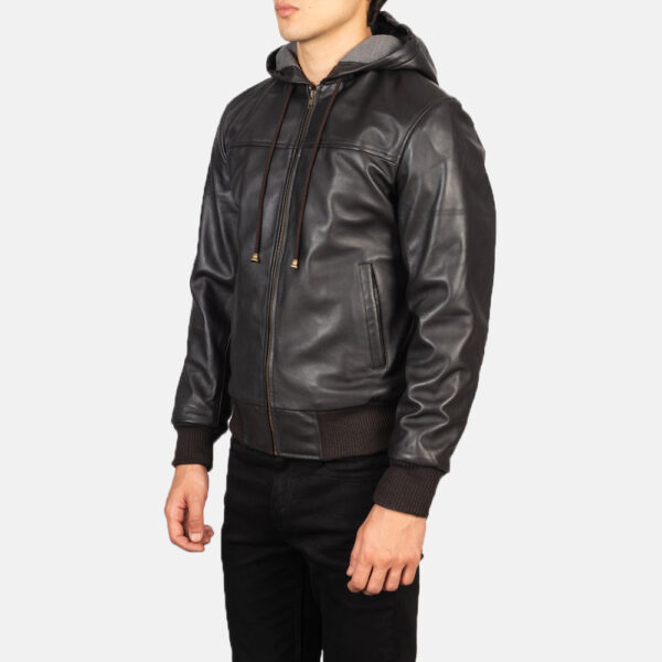 Nintenzo Brown Hooded Leather Bomber Jacket - Image 2