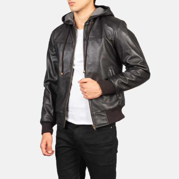 Nintenzo Brown Hooded Leather Bomber Jacket - Image 6