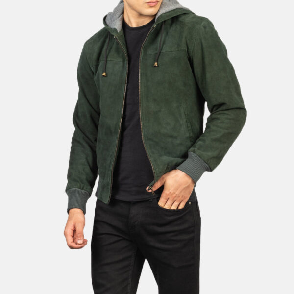 Nintenzo Green Hooded Suede Bomber Jacket - Image 6